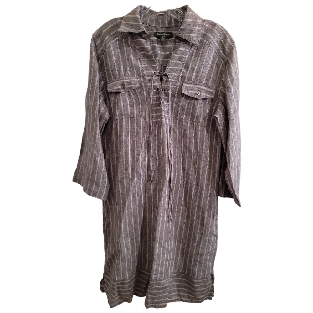 Tommy Bahama Linen Striped Dress Small Neutral Long Sleeve Lace-up Neck Pockets